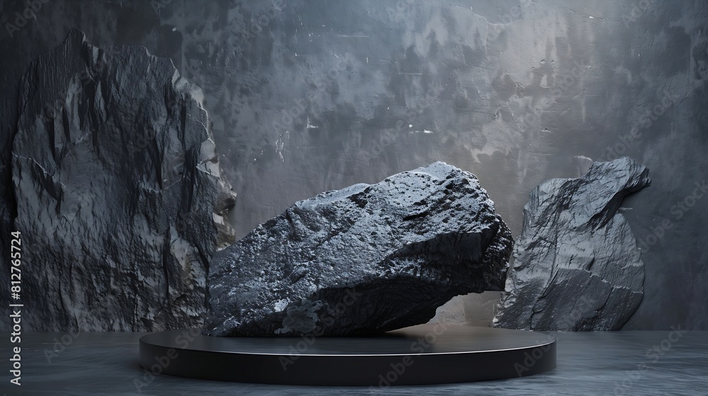 Poster Rock Stone podium Background Stand Black scene Display product with material Dark gray wall room Studio background : Generative AI