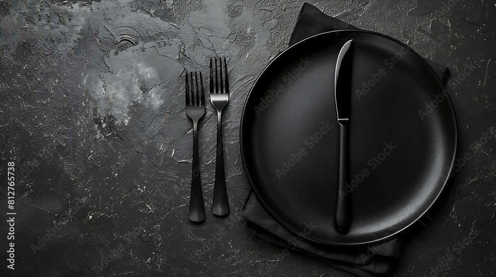 Aufkleber black empty plate and cutlery fork and knife on a dark textured background The concept of a layout for the design of a restaurant menu website or design Vertical layout of food photos : Generative AI