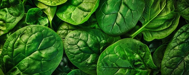 Obraz premium Close-Up View of Fresh Spinach Leaves Texture, Highlighting the Vibrant Green Color and Natural Vein Patterns for Backgrounds and Wallpapers
