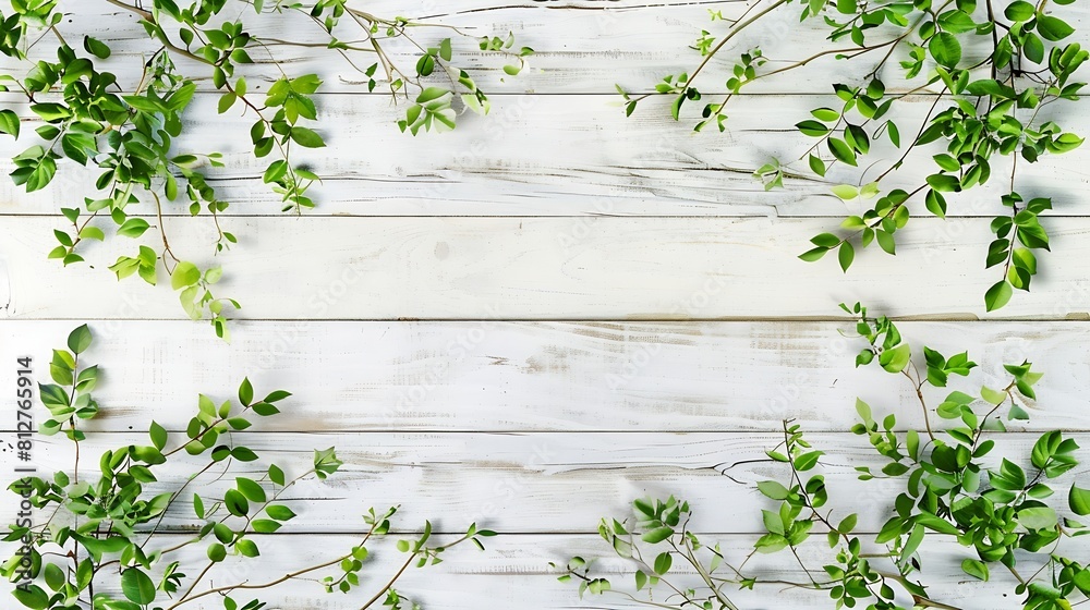 Poster Old white wooden background with green leaves top view copy space Spring twigs on shabby background frame flat lay : Generative AI