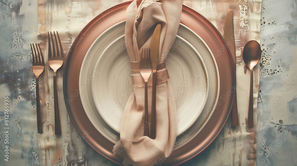 Poster from above sophisticated easter table setting featuring stacked ceramic plates rose gold cutlery and