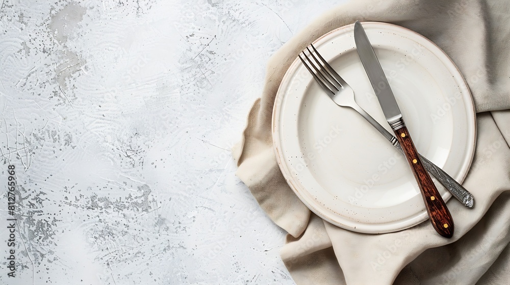 Poster white craft plate cutlery and napkin on white stone table knife and fork on beige napkin top view co