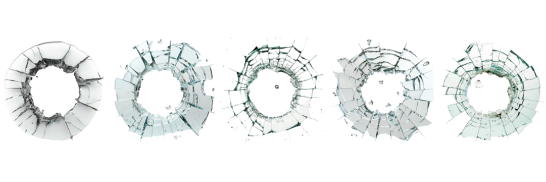 Set of A bullet hole in glass creating cracks a on transparent background