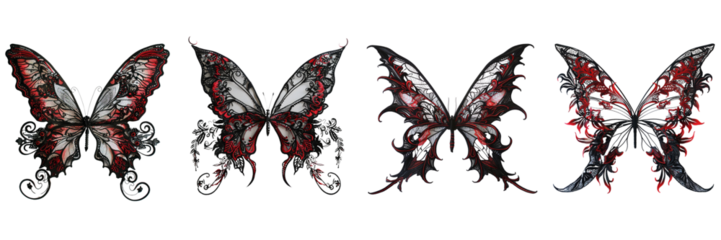  Set of A black and red Butterfly made by hand with fabric mesh on a transparent background