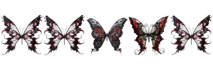  Set of A black and red Butterfly made by hand with fabric mesh on a transparent background