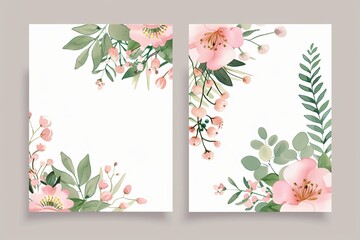 Pre made templates collection, frame - cards with pink flower bouquets, leaf branches. Wedding ornament concept. Floral poster, invite. Greeting card, invitation design background, birthday party.