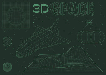 3D Space Illustration. 1980s Style Computer Polygonal Models, Spacecraft, Surfaces, Stars, Planet