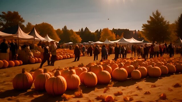 Group of People Standing in Pumpkin Field Generative AI