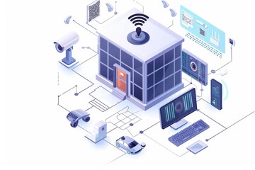 Fototapeta premium City security apps in smart homes protect with remote surveillance, employing voice-activated cameras and encryption for secure monitoring.