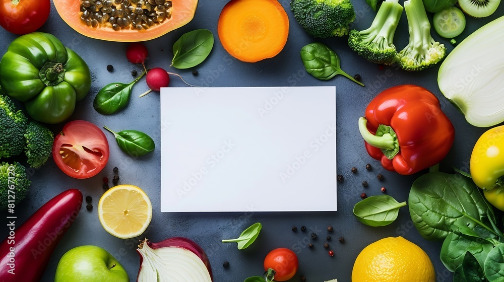 Poster creative layout made of various fruits and vegetables with white paper card flat lay food concept : 