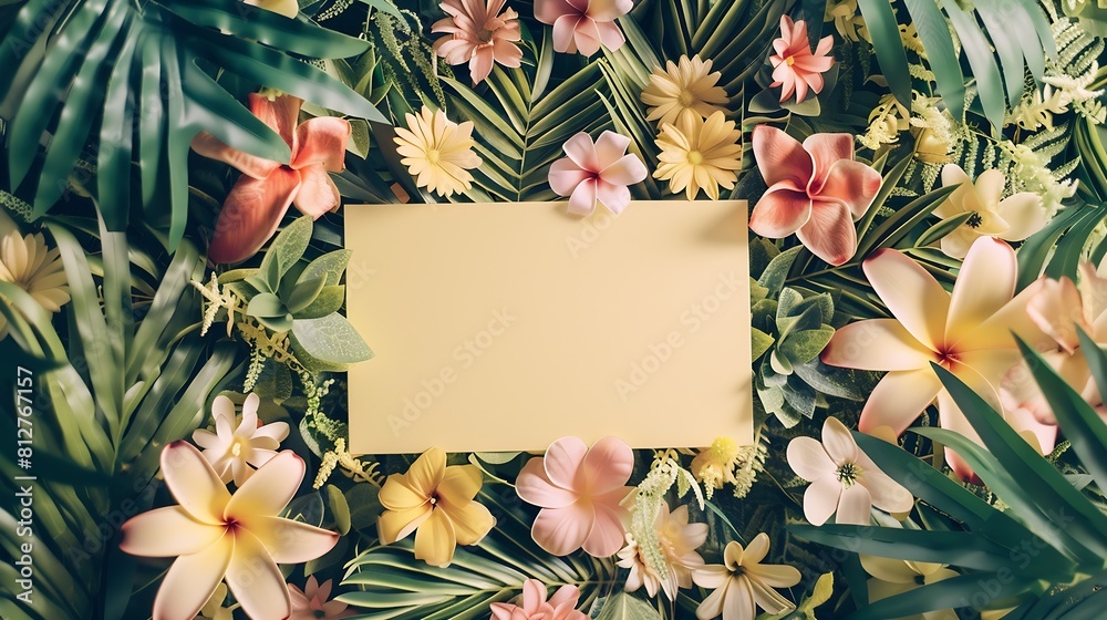 Poster creative layout made of flowers and leaves with paper card note flat lay nature concept : generative