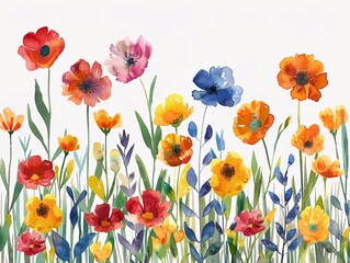 Vibrant Watercolor Flower Border on White Background, Perfect for Spring Textile Designs and Cheerful Stationery, Lively and Colorful Artwork