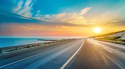 Naklejka premium highway landscape at colorful sunset traveling on the holiday road in summer Nature scenery on ocean beach Road landscape on beach Stunning sea with summer vacation seascape with beaut : Generative AI