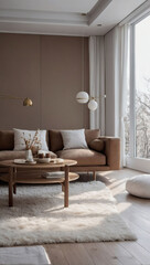 Modern White Room, Minimalist Decor with Brown Furnishings.