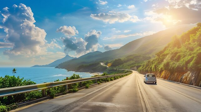 Holiday travel by car drive on mountain road on the beach in summer summer vacation trip by car on highway by the sea in july Road landscape in beautiful coastal bay car driving on way : Generative AI - Powered by Adobe