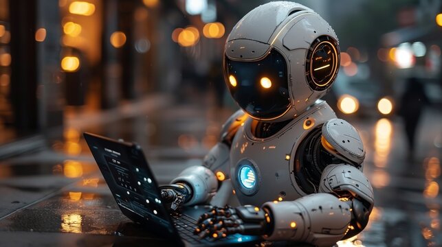 Artificial intelligence robot use computer do work in office - Powered by Adobe