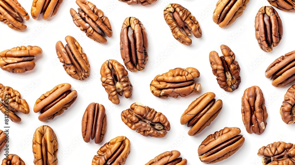 Poster Pecans isolated on white background Nuts scattered Top view Horizontal layout  Package design element with clipping path : Generative AI