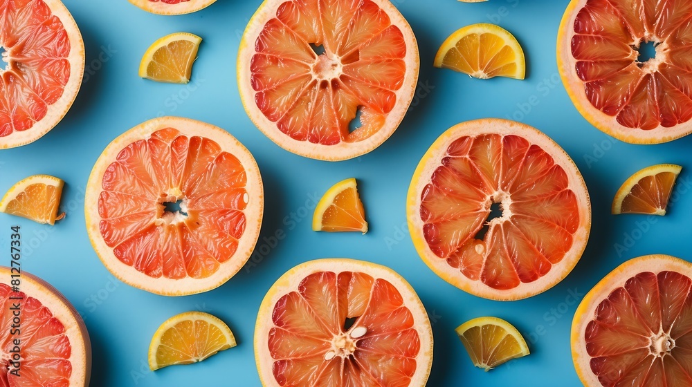 Aufkleber Colorful fruit pattern of fresh grapefruit slices on blue background From top view : Generative AI