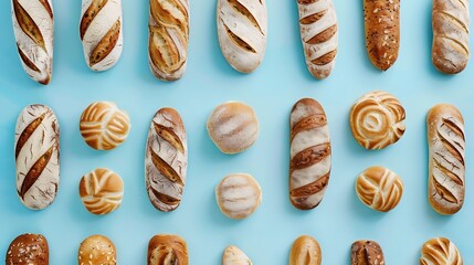 Creative layout made of bread on the blue background Flat lay Food concept : Generative AI