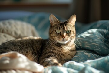 Serene tabby cat lounges on a sunny bed, exuding calm and comfort