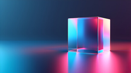 A cube is sitting on a blue and purple background. The cube is made of clear glass and is illuminated by a light source. The image has a futuristic and modern feel to it, with the blue. Generative AI