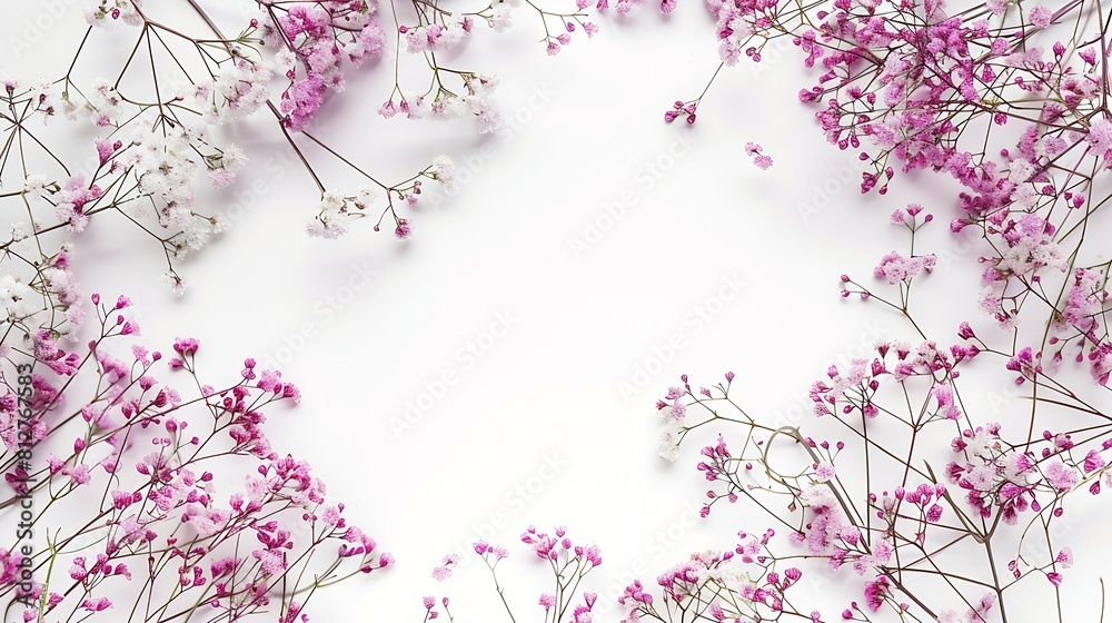 Poster flowers composition frame made of of pink gypsophila flowers and eucalyptus branches on white backgr