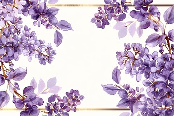 Pre made templates collection, frame - cards with purple flower bouquets, leaf branches. Wedding...