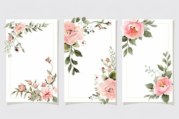 Pre made templates collection, frame - cards with pink flower bouquets, leaf branches. Wedding ornament concept. Floral poster, invite. Greeting card, invitation design background, birthday party.
