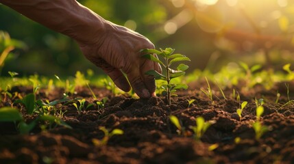 Fototapeta premium A person's hand holding a small plant in the dirt. Suitable for environmental and gardening concepts