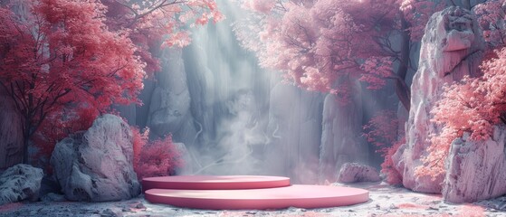 A pink forest with a pink stone path