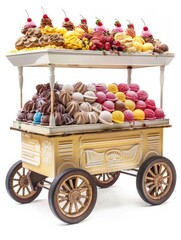 Ice Cream Cart Portable ice cream cart displaying a variety of ice cream flavors and toppings, ready to serve, isolated on white background
