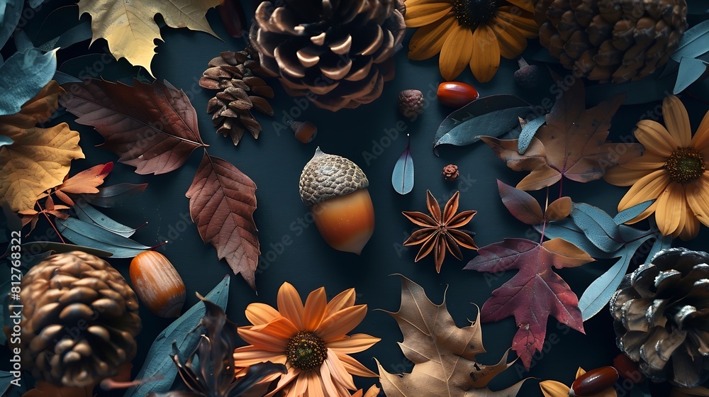 Poster autumn composition autumn flowers and leaves acorn pine cone anise star flat lay top view copy space