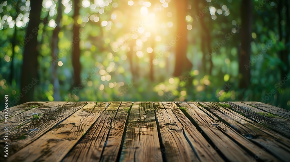 Aufkleber Wooden table top on blur green forestFresh and Relax or health care conceptperspective viewFor montage product display or design key visual layoutView of copy space : Generative AI