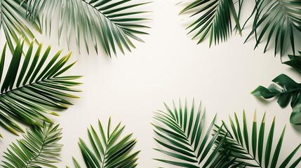 Tropical palm leaves on ivory background Summer concept Flat lay top view copy space : Generative AI