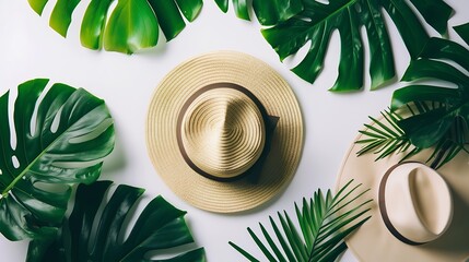 Summer composition Tropical leaves dress hat on white background Summer concept Flat lay top view copy space : Generative AI - Powered by Adobe