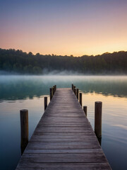 Morning Bliss, Rectangular Lake Dock Stretches Across Calm Waters, Framed by the Soft Hues of Sunrise and Mist.