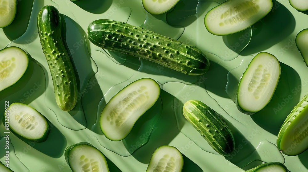 Poster Creative layout made of cucumber on the green background Flat lay Food concept : Generative AI