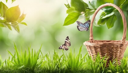 art abstract spring background or summer background with fresh grass and butterfly ai generated...