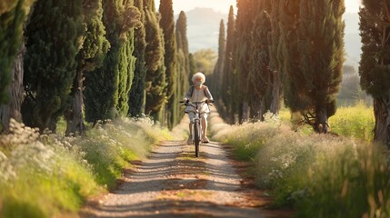 nice senior woman riding her electric mountain bike in a cypress avenue in TuscanyItaly : Generative AI