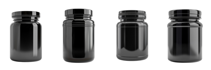 Set of A floating in the air black plastic supplement bottle a on transparent background