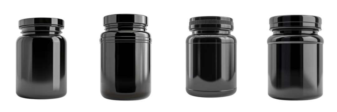 Set of A floating in the air black plastic supplement bottle a on transparent background