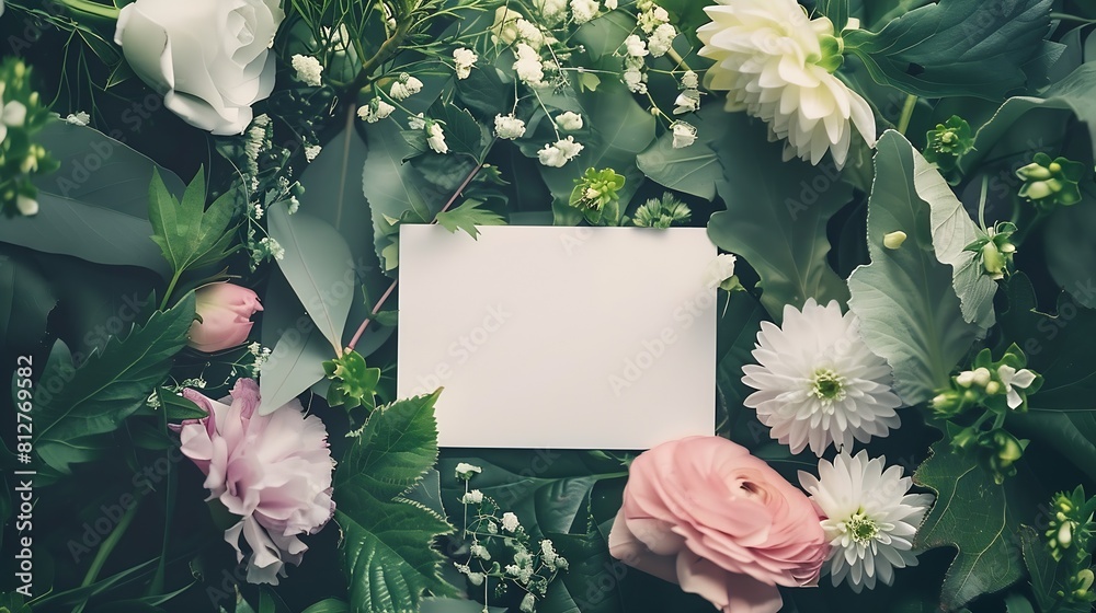Poster creative layout made of flowers and leaves with paper card note flat lay nature concept : generative