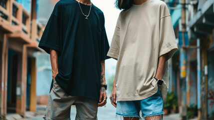 Trendy oversized t-shirts paired with denim shorts and sneakers, capturing the relaxed and effortless style of streetwear fashion.