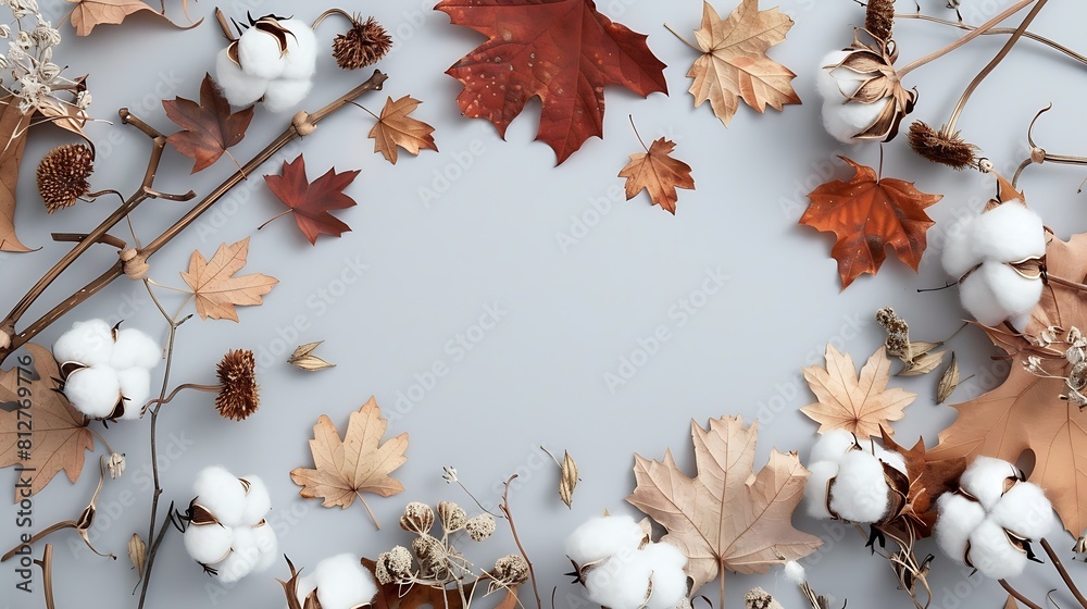 Poster autumn composition frame made of cotton flowers dried maple leaves on pastel gray background autumn 