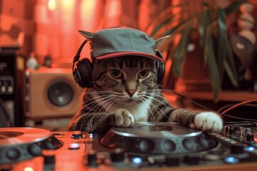 Focused tabby cat with headphones and cap mixing music on a dj console