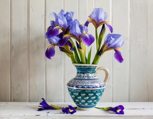 vase on the table with blooming purple irises © Arthur