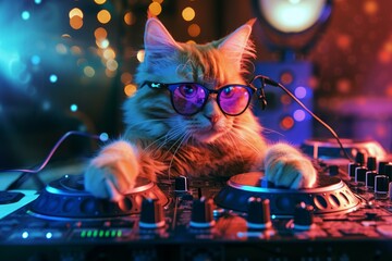 Cool cat rocking purple glasses mixes tracks on a dj console with vibrant party lights in the...