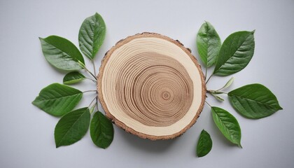 empty wooden podium fresh green leaves on light grey background round saw cut and natural branches for cosmetic advertising eco product presentation mockup minimal flat lay