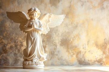 Naklejka premium A marble angel statue stands on a cream-colored background, symbolizing good luck and a good start.