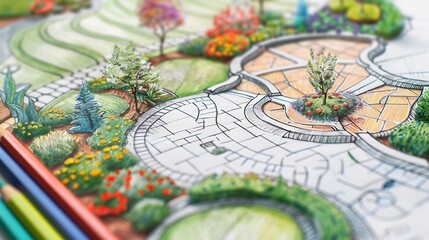layout plan of home landscape design or garden design drawing by hand with color pencil on white paper : Generative AI